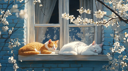 Cats and Cherry Blossoms by the Window

