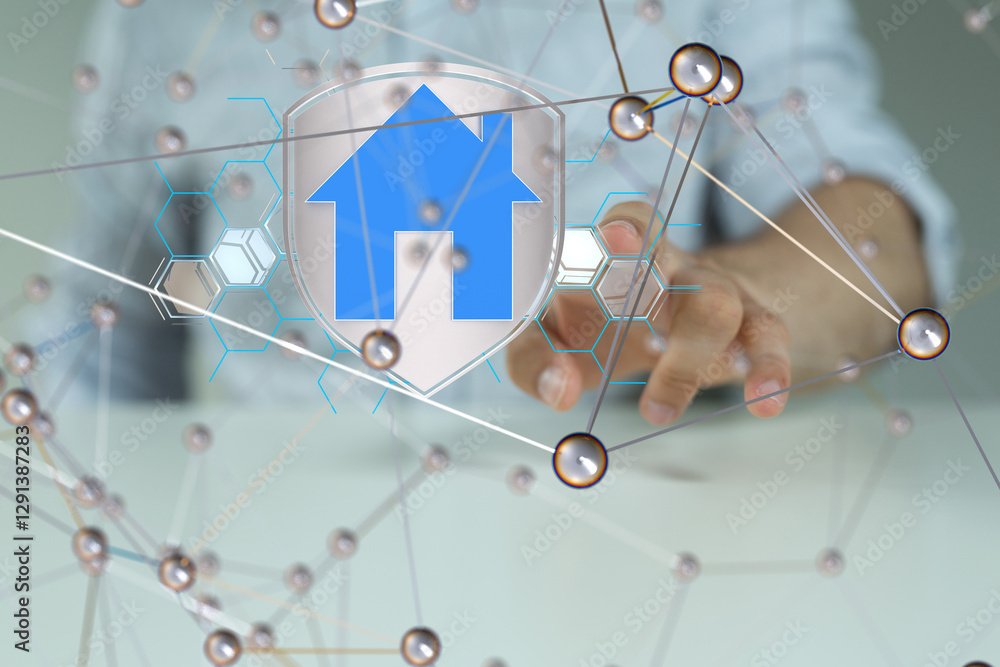 Poster home iot - Neural network 3D illustration. Big data and cybersecurity