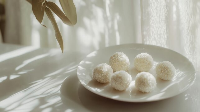 Delicate coconut bliss balls rest on a white plate, their snowy texture glowing under soft, natural light.