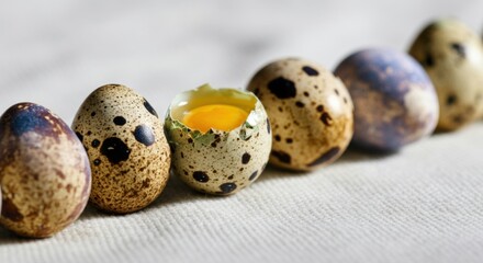 Quail eggs in a row, one cracked open revealing the yolk inside