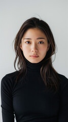 Fototapeta premium Young Asian woman in black turtleneck, looking directly.