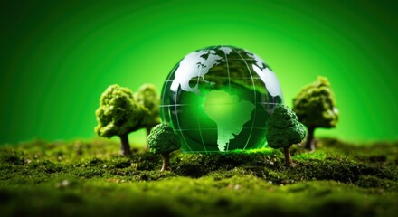Green globe surrounded by trees, symbolizing environmental sustainability