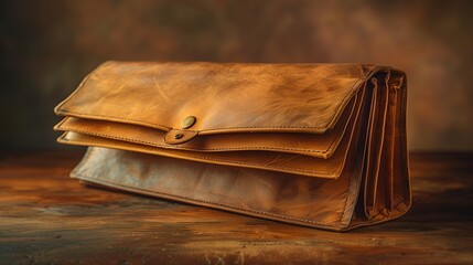 A vintage brown leather clutch with intricate stitching and a button clasp resting on a rustic wooden surface