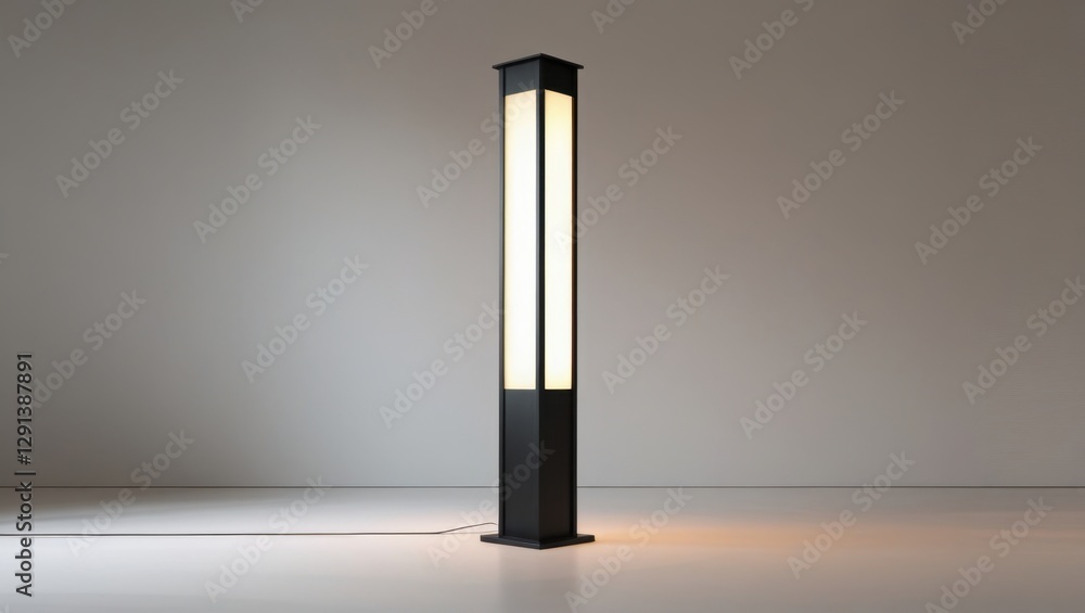 Poster slender modern black floor lamp standing against a neutral background in a studio environment showca