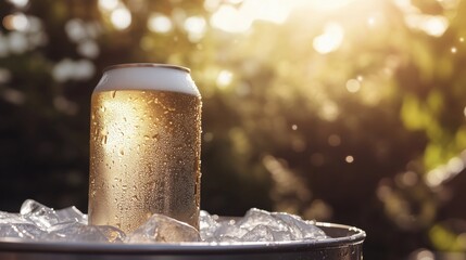 Droplets of condensation glisten on the chilled beer can, nestled in a bed of ice inside the metal cooler, ready for a refreshing sip under the sun.