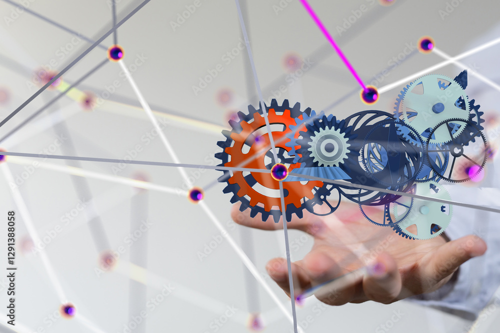 Poster gear system data. Connecting lines and dots.Big data visualization  - 3d