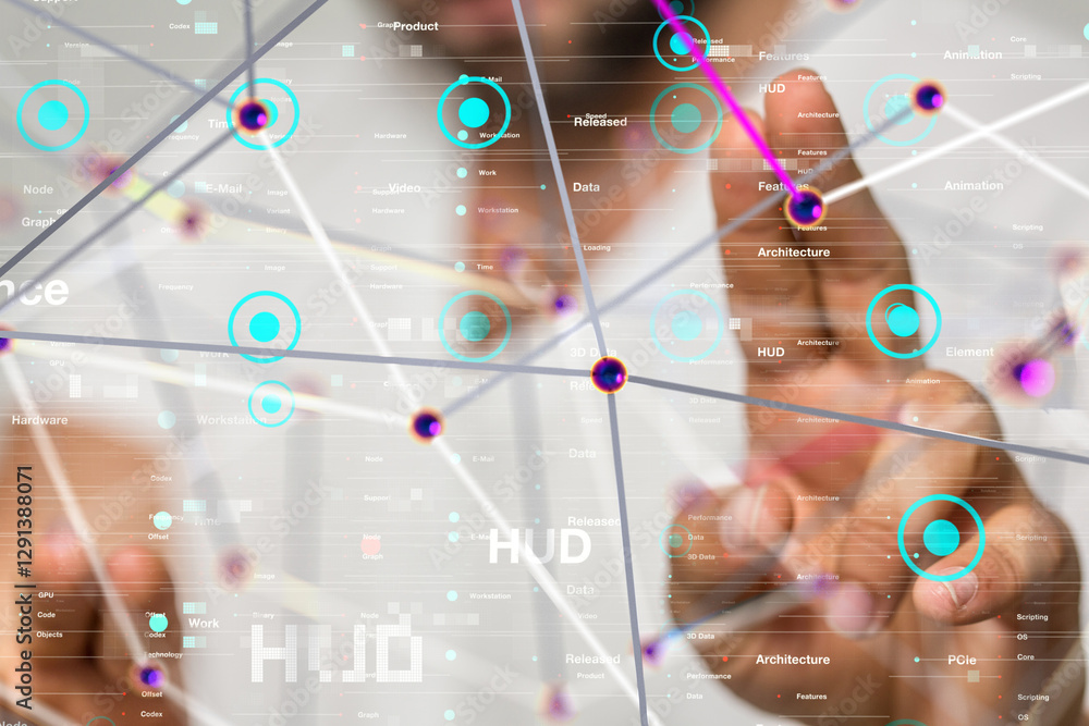 Poster Neural network 3D illustration. Big data and cybersecurity - 3d