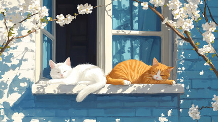 Cats and Cherry Blossoms by the Window