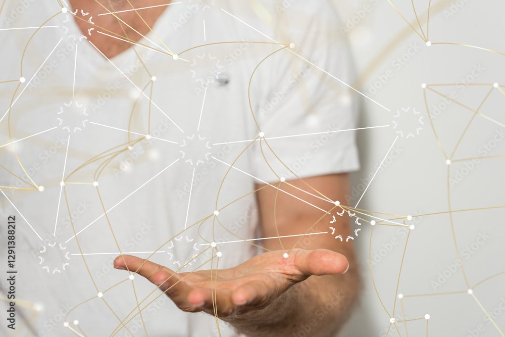 Poster Global network. Blockchain. 3D illustration. Neural networks and artificial intelligence. Abstract