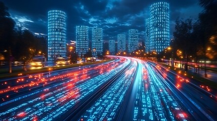 Naklejka premium Night city highway data stream