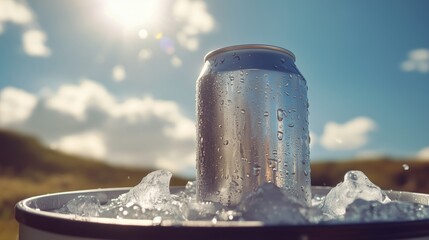Naklejka premium Droplets of condensation glisten on the chilled beer can, nestled in a bed of ice inside the metal cooler, ready for a refreshing sip under the sun.