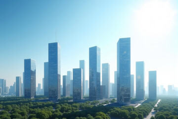 Obraz premium A futuristic city skyline with skyscrapers covered in integrated solar panels