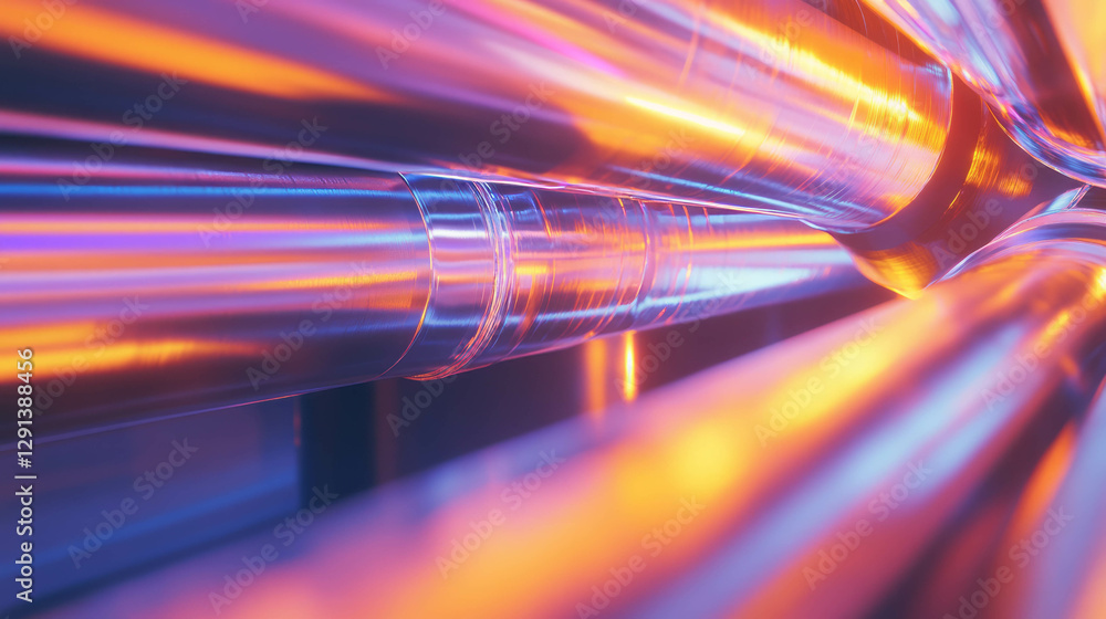 Poster abstract industrial design with colorful light reflection on metallic pipes