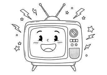 Black and white coloring book illustration, a smiling vintage television with antennas, displaying a happy face on the screen