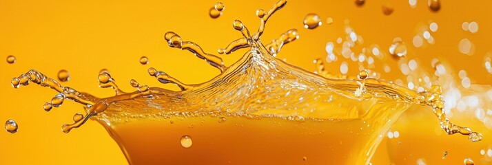 Flying orange juice with splashes on Bright Tangerine Background