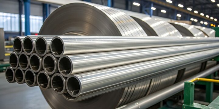 Steel pipes and coils stacked in an industrial facility during daylight hours