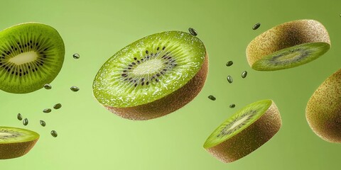 Fototapeta premium Floating fresh kiwis with green pulp and tiny black seeds on a zesty lime green background 3D background minimalistic mockup with space for text