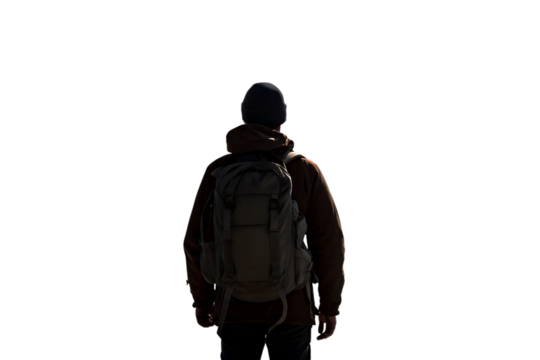 Mountain Climber with Backpack Cut Out on Pure White Background