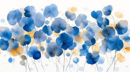 A watercolor illustration of blue flowers with soft, warm accents.