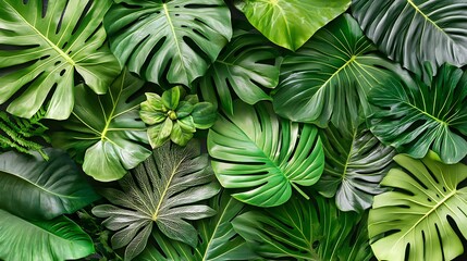Obraz premium Green Monstera and Various Other Tropical Leaves Background