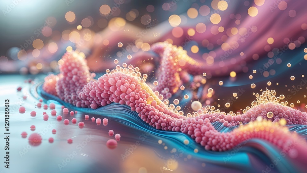 Poster colorful abstract representation of molecular structures with dynamic patterns and soft lighting in 
