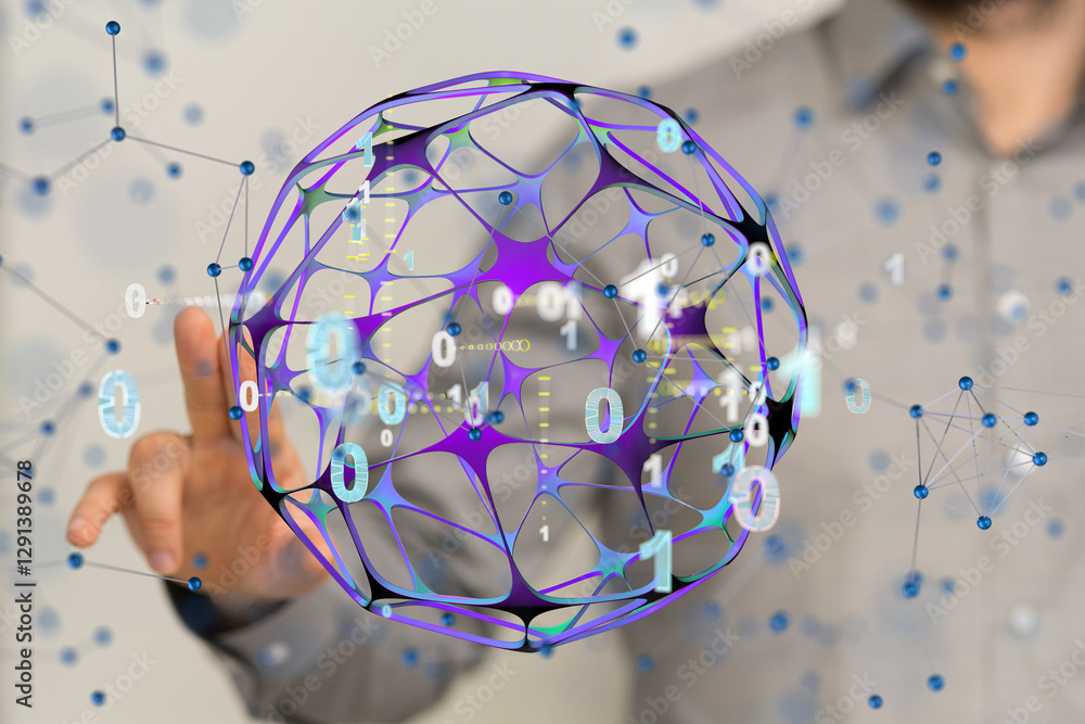 Aufkleber Global network. Blockchain. 3D illustration. Neural networks and artificial intelligence. Abstract  3d