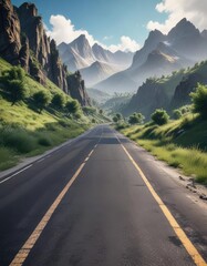 Fototapeta premium Deserted asphalt road stretches into the distance against a backdrop of rugged mountain peaks and lush greenery, wilderness, open space, mountains