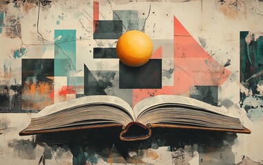 Surreal collagestyle illustration featuring an open book with a yellow ball placed above it