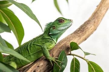 Obraz premium Vibrant Green Lizard Resting on Tree Branch on white Background