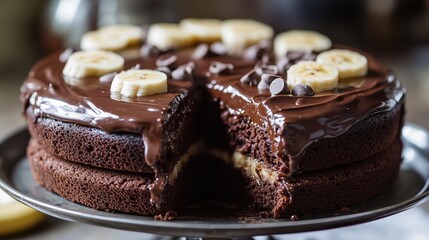 Rich layers of chocolate banana cake drip with velvety ganache, each slice a perfect balance of moist sweetness and deep cocoa flavor.