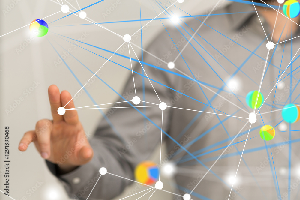 Poster Global network. Blockchain. 3D illustration. Neural networks and artificial intelligence. Abstract