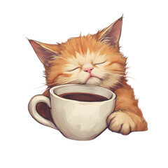 A content orange cat sleeping peacefully with its head resting on a coffee cup