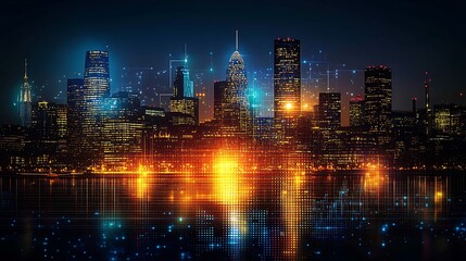 Obraz premium Night city skyline, digital network, reflection, harbor