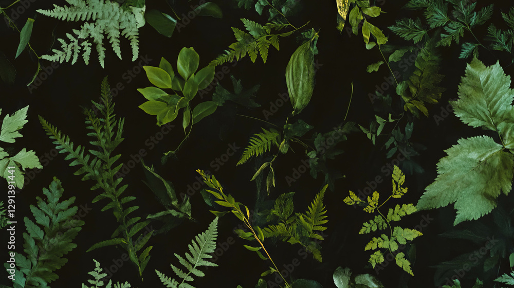 Poster nature-inspired greenery background with pressed ferns and leaves for design