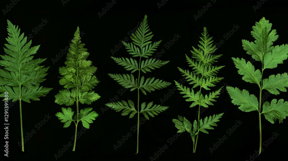 Poster Delicate pressed ferns pattern on black background for nature design projects