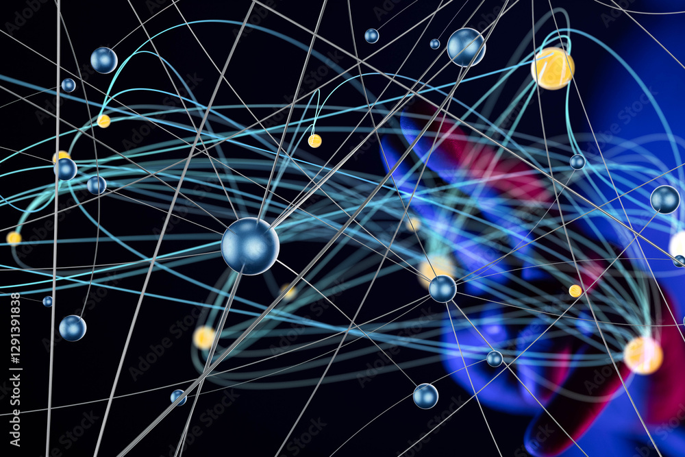 Poster Global network. Blockchain. 3D illustration. Neural networks and artificial intelligence. Abstract