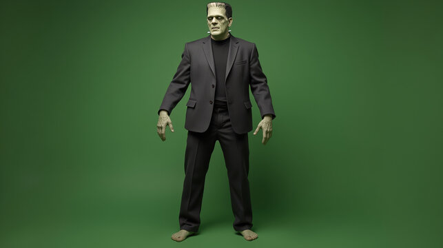 Frankenstein monster in suit, standing confidently against green backdrop
