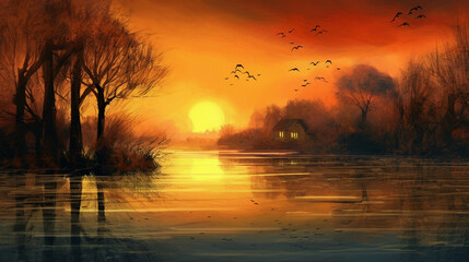 Fototapeta premium a lake at sunset that is rich and peaceful