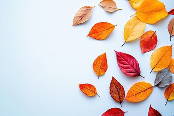 Obraz premium A minimalist composition of scattered single leaves, isolated