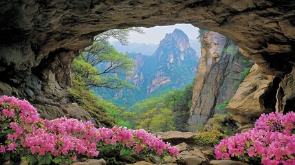 Pink Azaleas Frame Mountain View Through Cave Opening