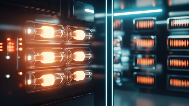 Futuristic data center with glowing lights and server racks.
