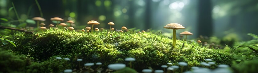 Flora conservation and growth of tiny mushrooms mossy forest floor nature photography lush environment close-up view