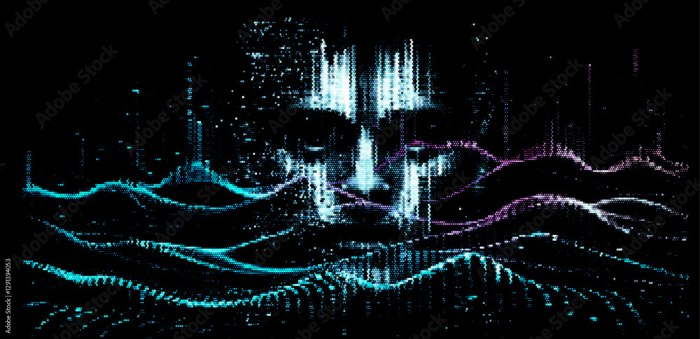 Fototapete vector illustration of a digital, pixelated face emerging from a dark background, creating a futuris