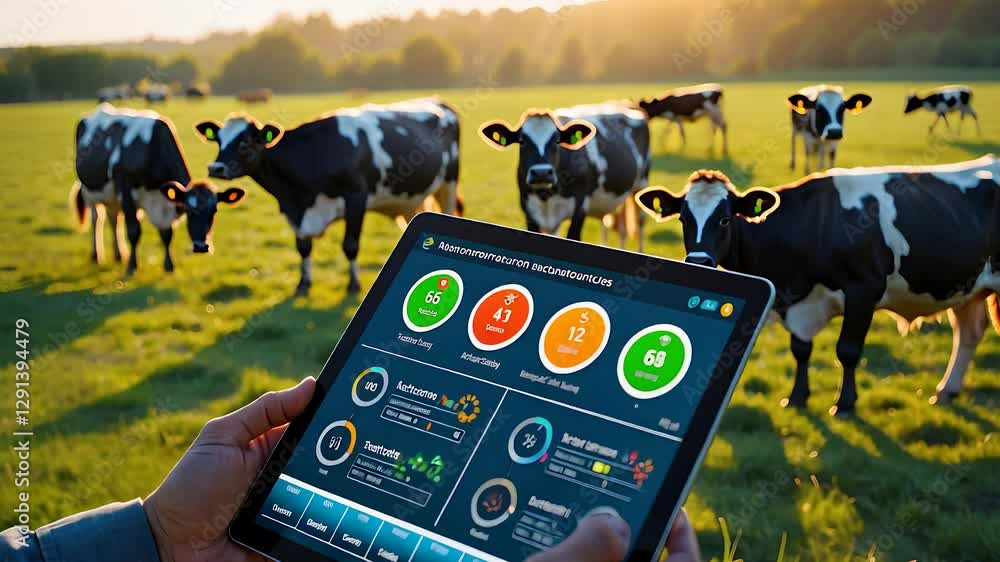 Aufkleber smart farming with digital tablet monitoring livestock data and automated dairy cow management in a 