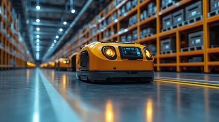 A warehouse factory with automated storage systems, robotic forklifts, and AI-powered inventory tracking