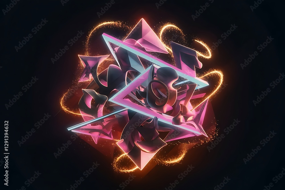 Poster 3d rendering of abstract geometric composition with glowing particles in empty space