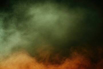 Mysterious fog blends dark green and warm orange hues, creating