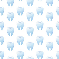 Vector cartoon Shiny white tooth, seamless pattern on white background. Clean and healthy molar illustration for dental care, oral hygiene, and stomatology concepts.