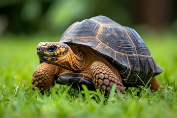 Fototapeta premium Yellow footed tortoise walking on green grass