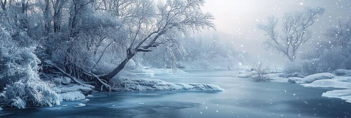 Frozen winter wonderland with frost-covered trees and icy rivers